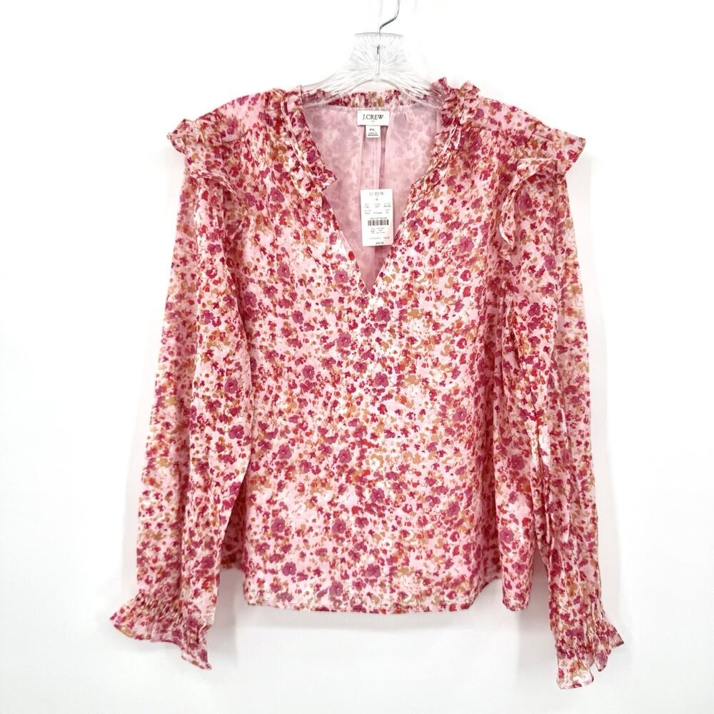 J.Crew Women's Size PL Pink Floral Blouse Top Ruffle Neck Long Sleeve Romantic